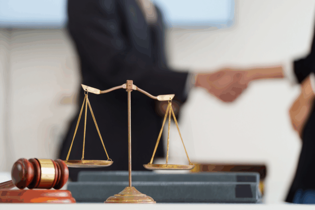 Scales of justice on a lawyer’s desk with two professionals shaking hands in the background, symbolizing trust and balance in working with a Texas parole attorney.