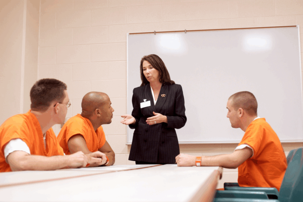 A woman in professional attire speaks to three men in orange prison uniforms seated at a table in a classroom-like setting, suggesting a reentry, educational, or legal counseling session.