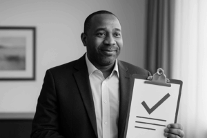 Black and white photo of a man celebrating after being granted parole for an aggravated assault with a deadly weapon case in Texas