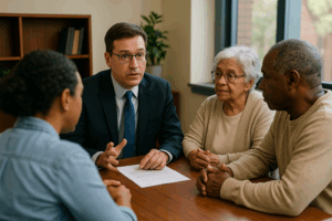 Elderly or medically fragile Texas inmate’s family meeting with a Houston parole attorney to discuss MRIS/SNOP Special Needs Parole options