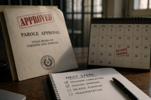 Parole approval paperwork and release planning documents showing the steps that occur before an inmate is released in Texas